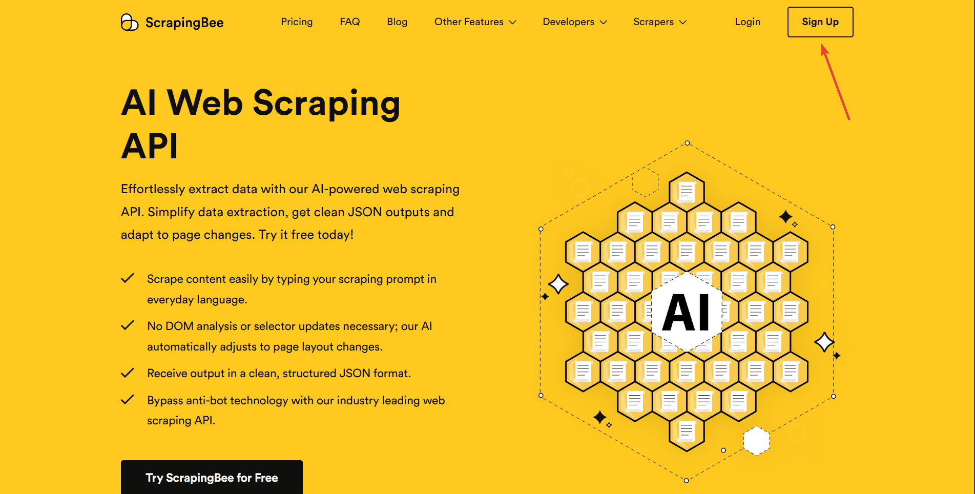 Screenshot of ScrapingBee's homepage with a visible sign up button