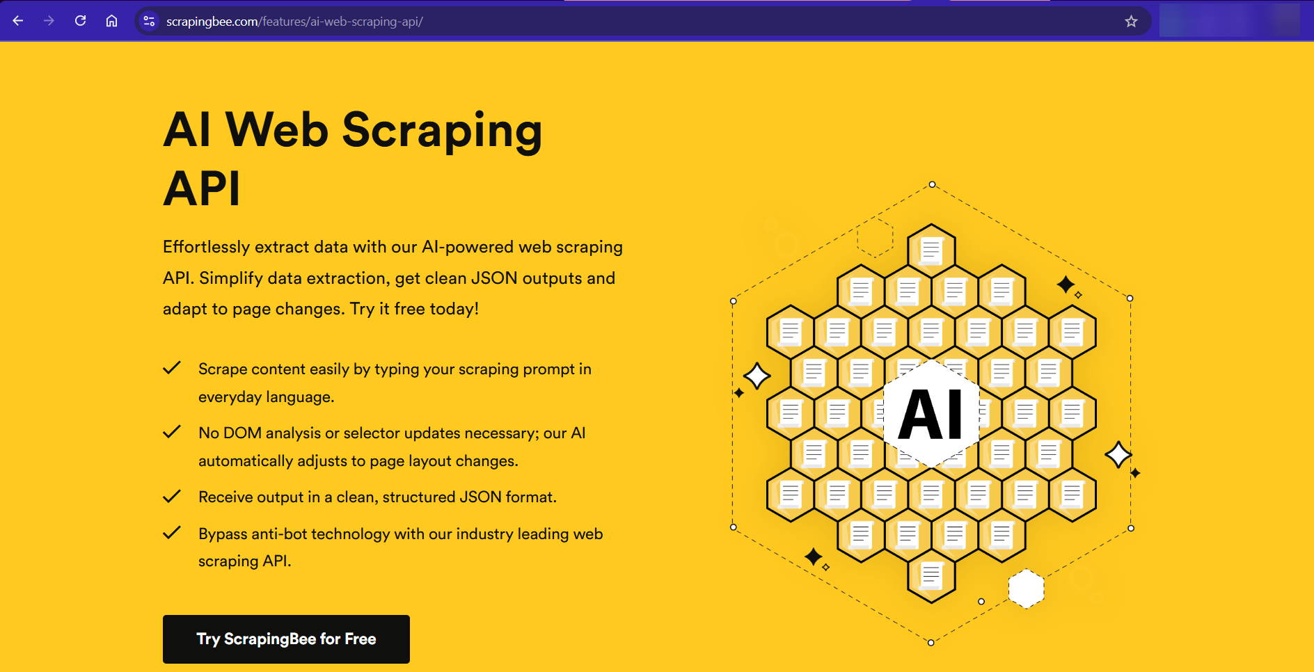 Screenshot of ScrapingBee's AI Web Scraping API feature page, an alternative to manual R scraping.