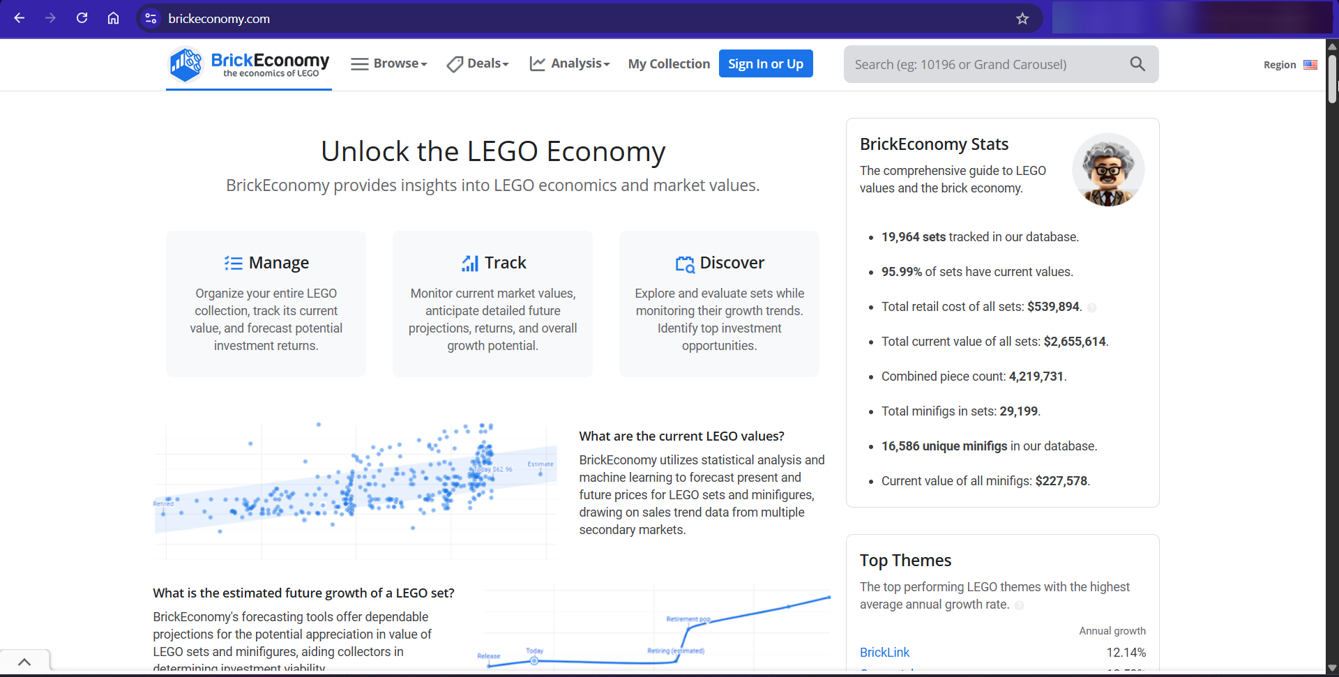 Screenshot of BrickEconomy homepage, a complex website example for advanced R web scraping using chromote.