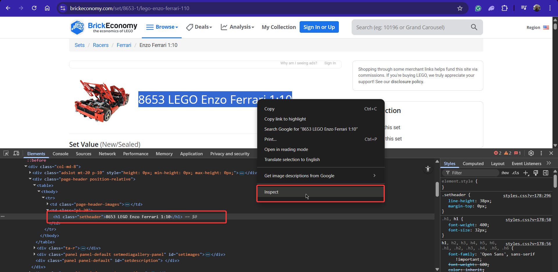 Screenshot of Enzo Ferrari LEGO set page on BrickEconomy highlighting title and details section for R web scraping extraction.