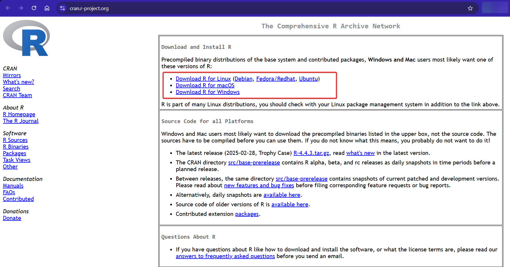 Screenshot of CRAN website showing download links for installing the R programming language.