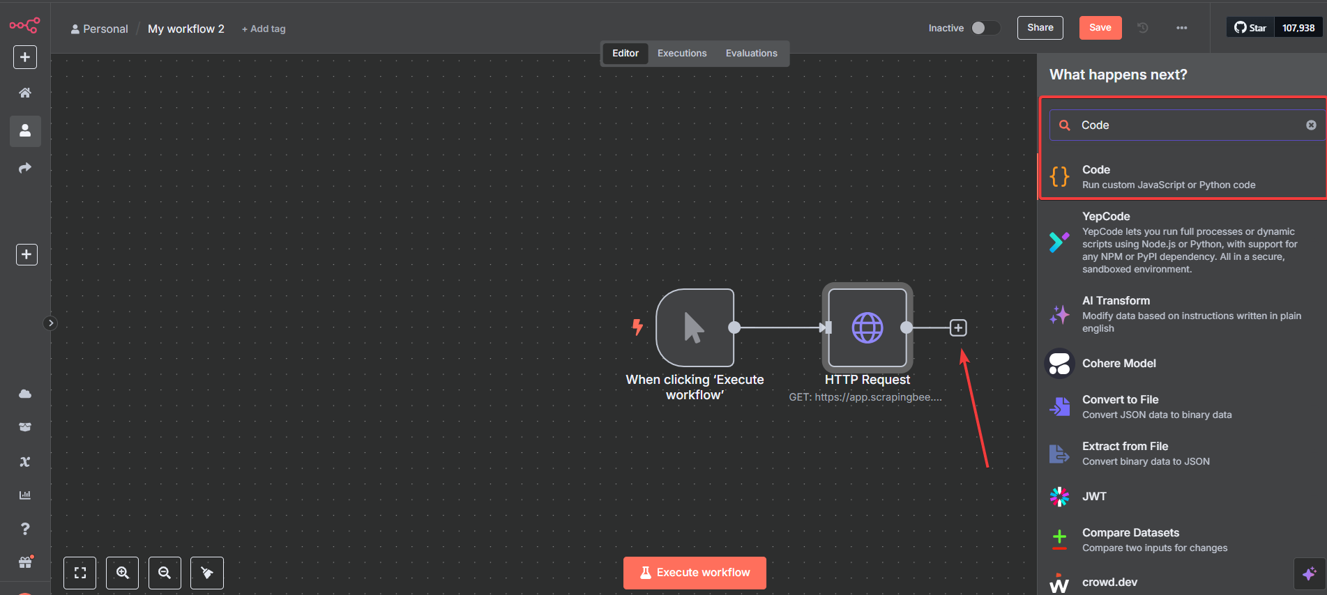 N8N canvas showing Code node added after HTTP Request with connection arrow