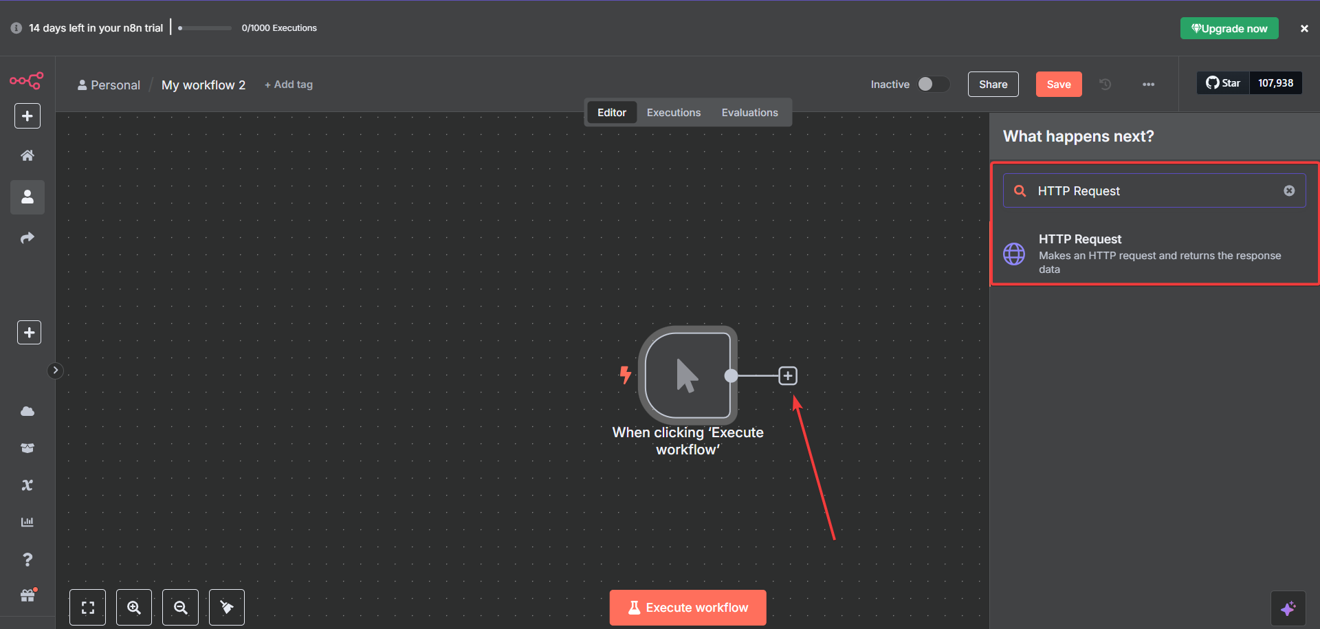 N8N canvas showing HTTP Request node being added after Manual Trigger with connection arrow