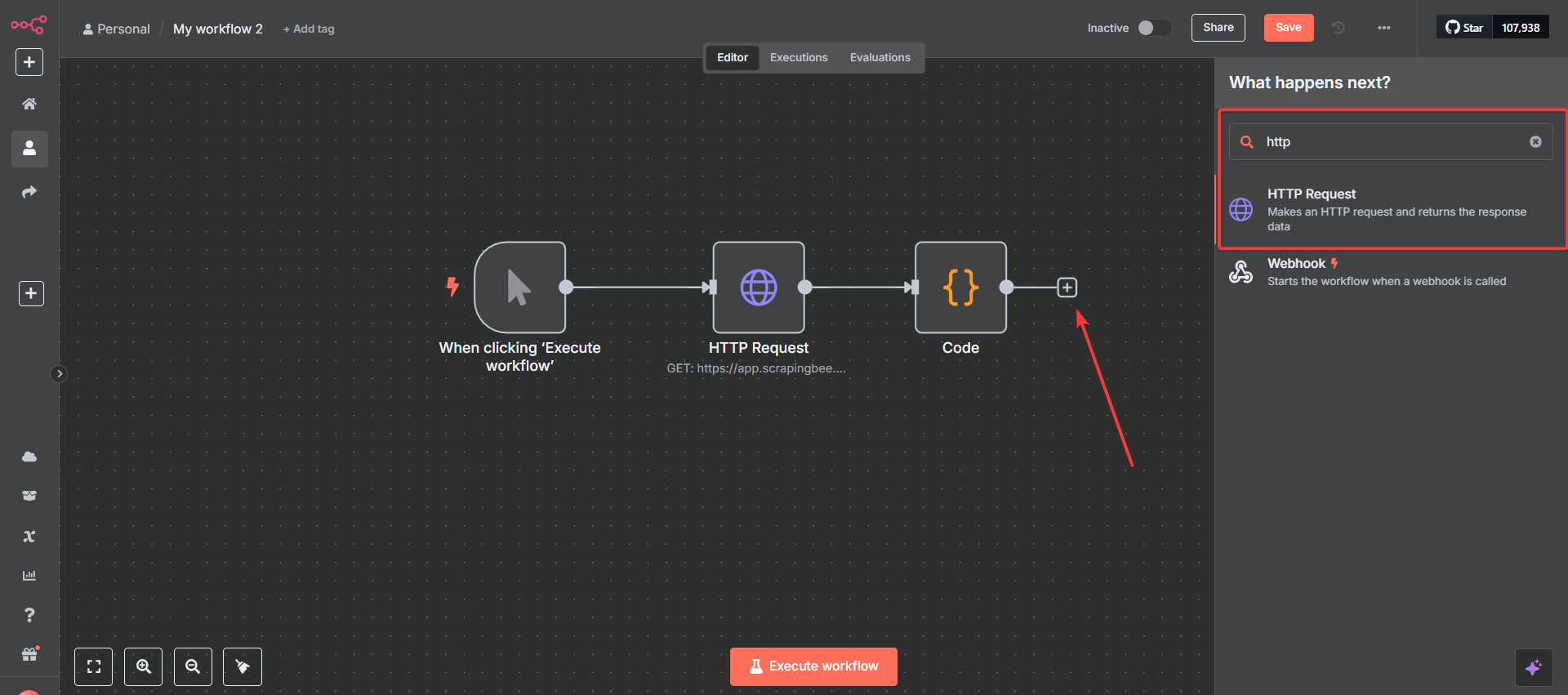 N8N canvas showing second HTTP Request node added after Code node creating a 4-node workflow