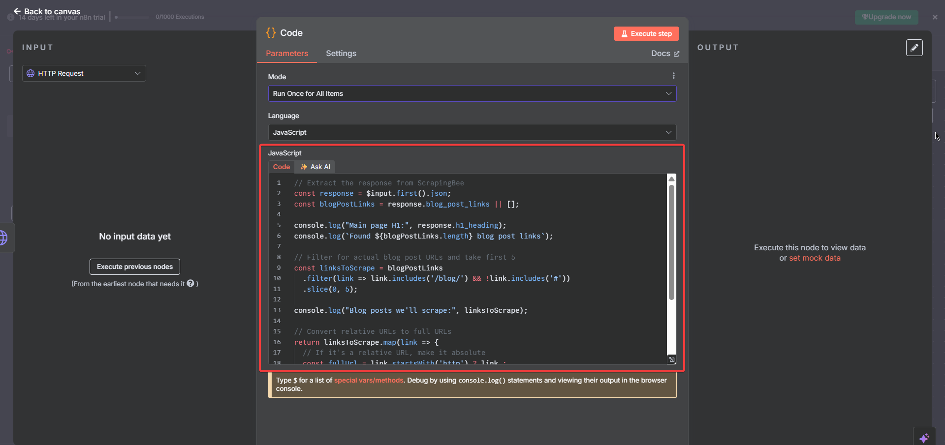 N8N Code node editor showing JavaScript code for processing ScrapingBee response and converting relative URLs