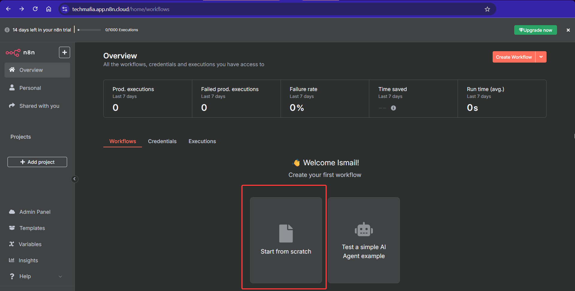 N8N dashboard showing the 'Start from scratch' option highlighted in red to create a new web scraping workflow