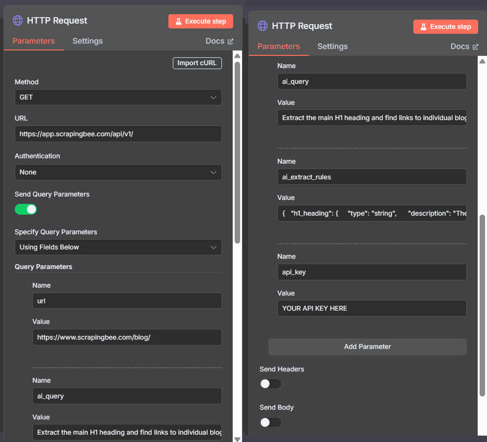 N8N HTTP Request node showing all necessary settings and four query parameters