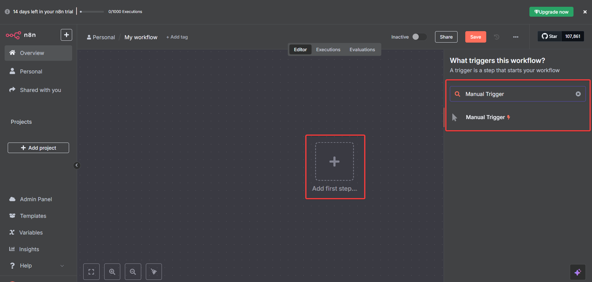 N8N canvas showing Manual Trigger node being added from the node selection menu