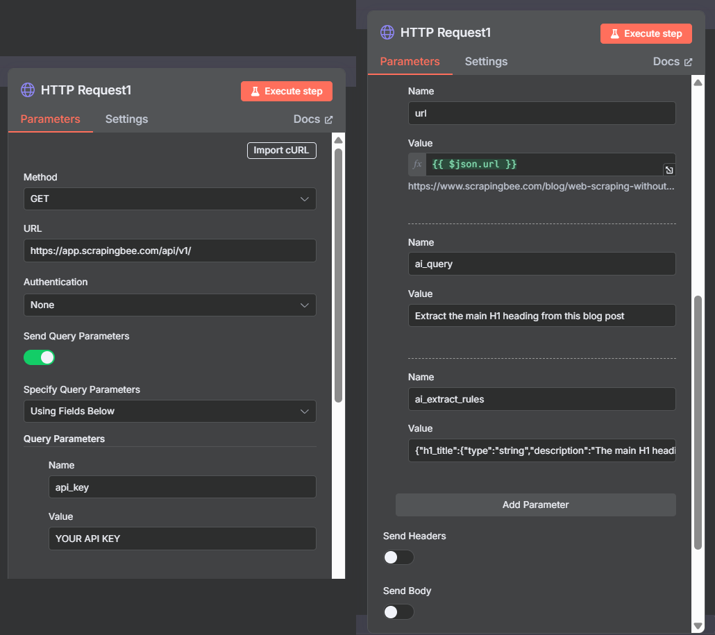 N8N second HTTP Request node configuration showing dynamic URL parameter using expression