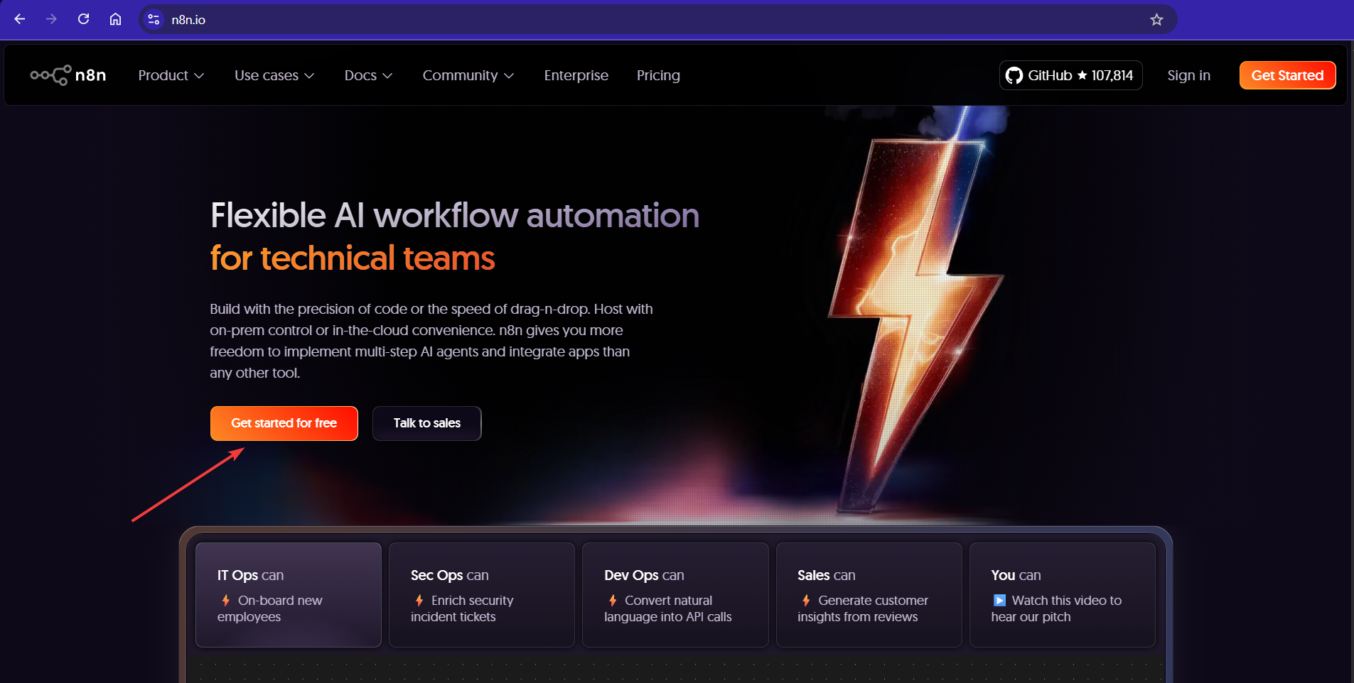 N8N cloud signup page showing free tier options