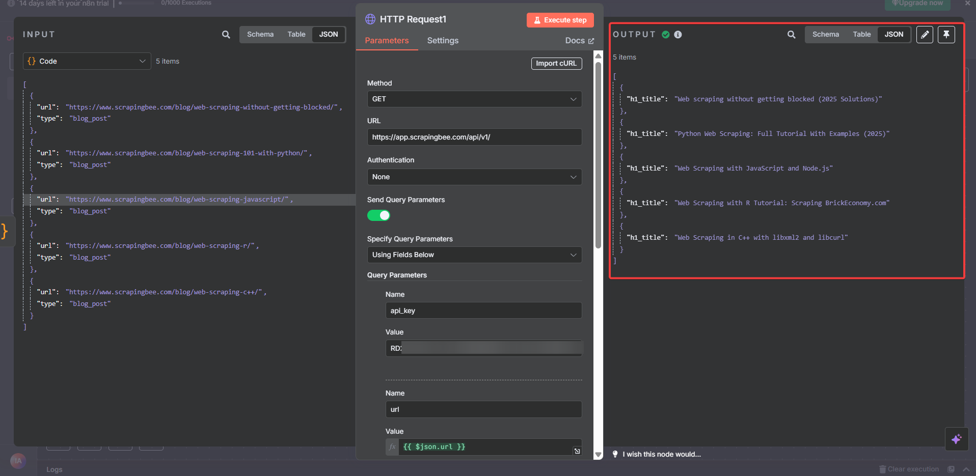 N8N second HTTP Request node showing 5 items with extracted H1 titles from individual blog posts