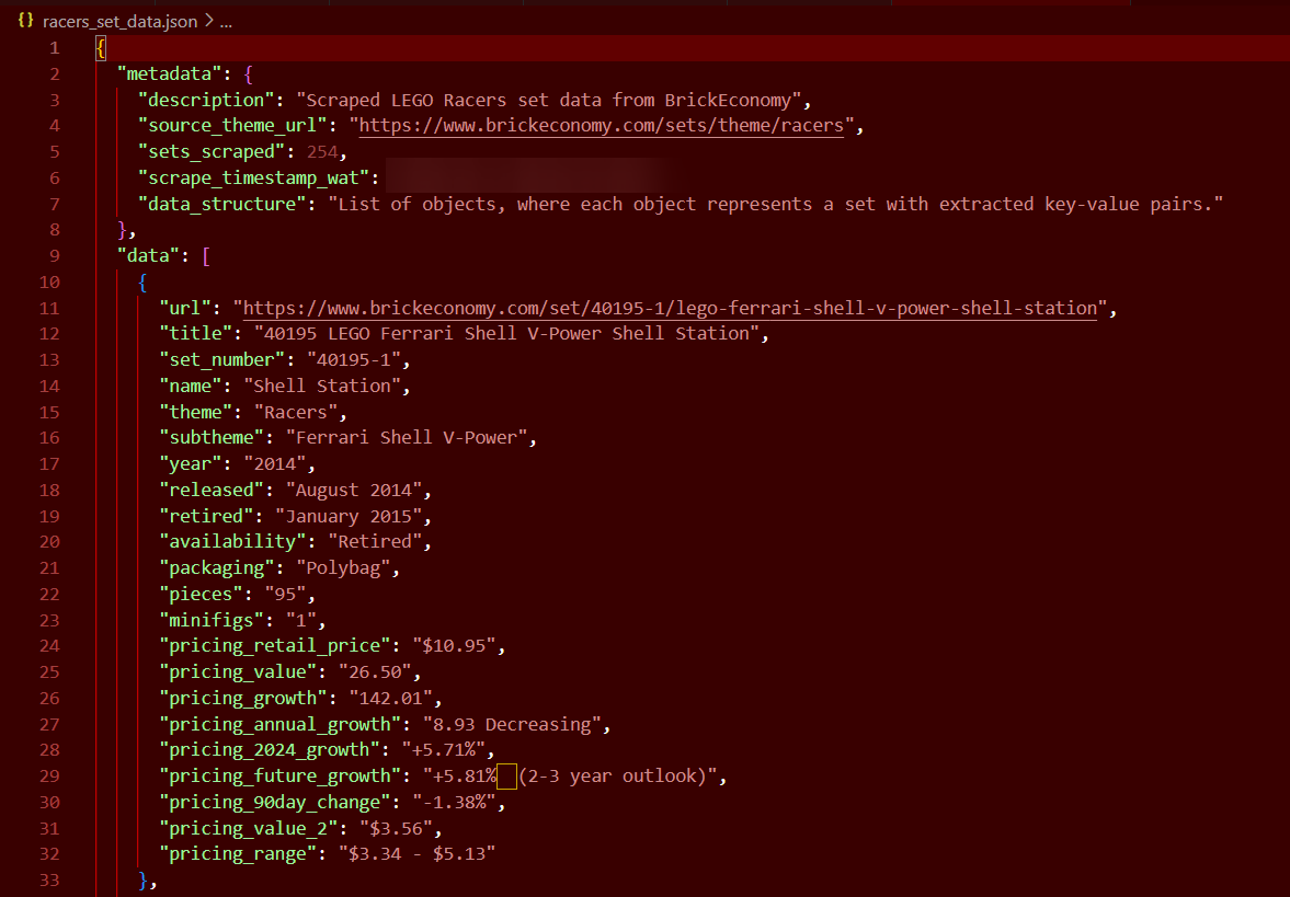 Sample JSON output showing structured data scraped from BrickEconomy for one LEGO Racers set using the R script.