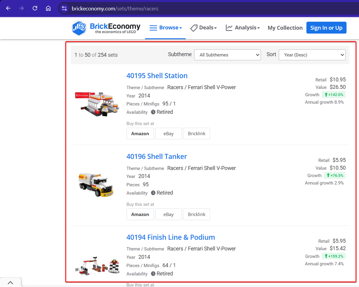 Screenshot of LEGO Racers theme page on BrickEconomy showing the paginated table of sets targeted for R web scraping.