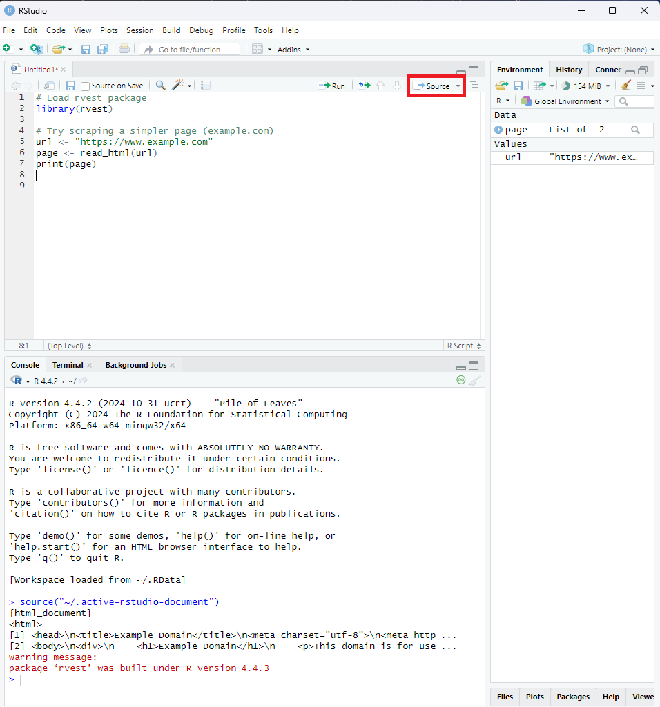 Screenshot of RStudio running a scraper.