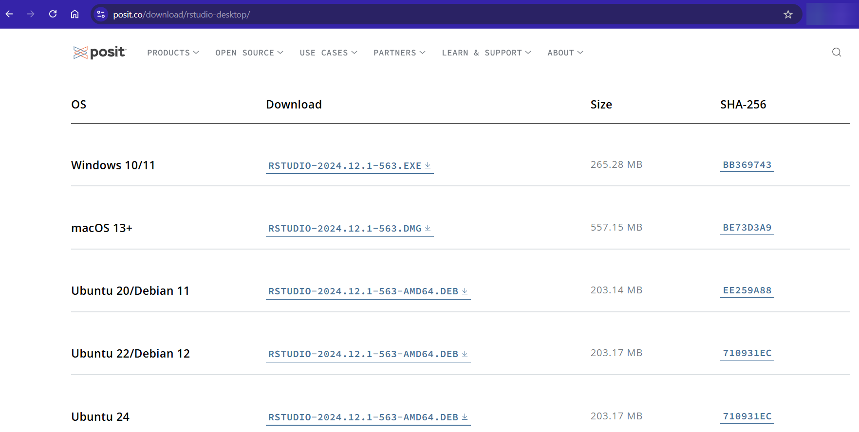 Screenshot of Posit.co RStudio Desktop download page for installing the RStudio IDE.