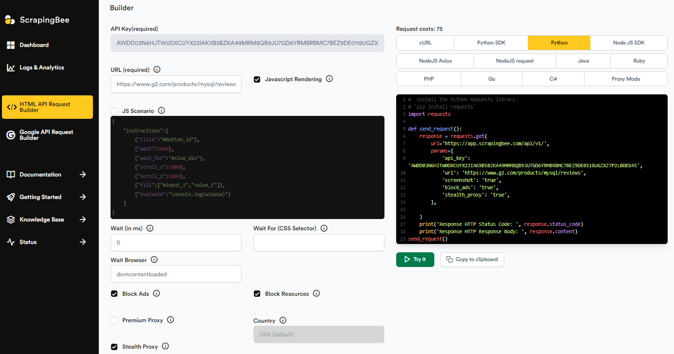 scrapingbee html api request builder